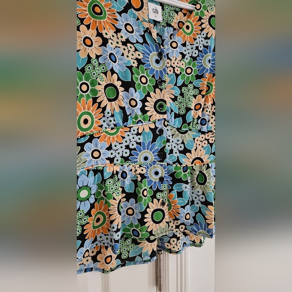 CAbi Floral Print Women's Blouse - Blue, Green, Orange - Picture 3 of 4